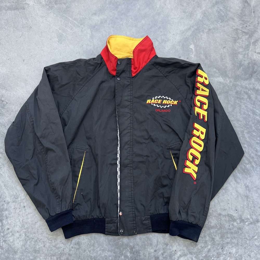 Vintage Race Rock Orlando Racing Team Apparel Jacket Mens XL Black Bomber Logo